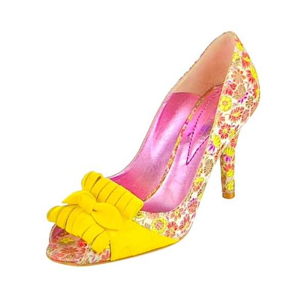 Etro Retro pink & Yellow Peep-Toe Shoes Ruffles & Bows 6 - Picture 1 of 7